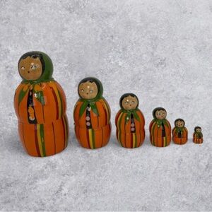 Vintage Wooden Nesting Dolls 6 Pc Hand Painted Matryoshka Orange 3.5in